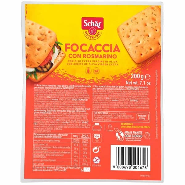 Focaccia Rosmarino sin gluten SCHAR, paquete 200 g - 0.2 kg - Imagen del producto en Findit