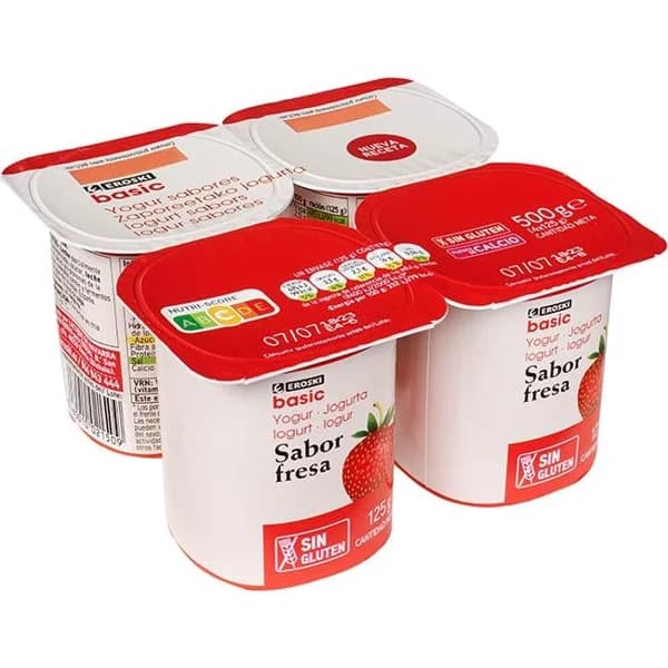 Yogur sabor fresa EROSKI BASIC, pack 4x125 g - 1 ud - Imagen del producto en Findit