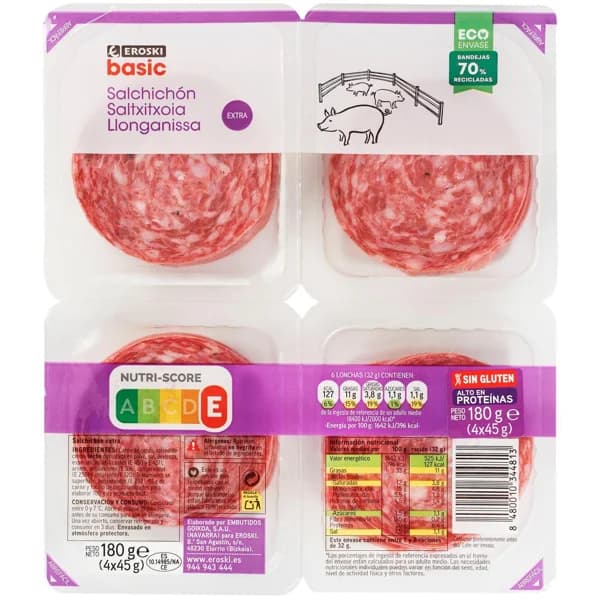 Salchichón extra EROSKI BASIC, pack 4x45 g - 0.18 kg - Imagen del producto en Findit