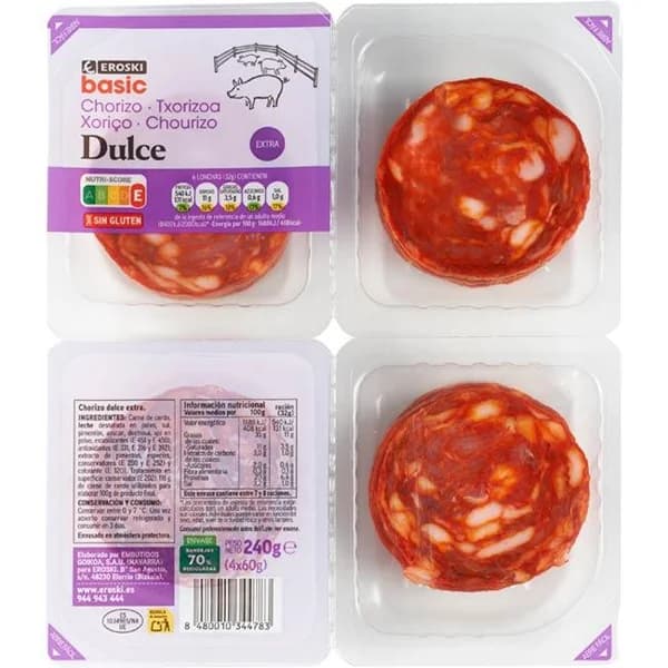 Chorizo dulce extra EROSKI BASIC, pack 4x60 g - 0.24 kg - Imagen del producto en Findit