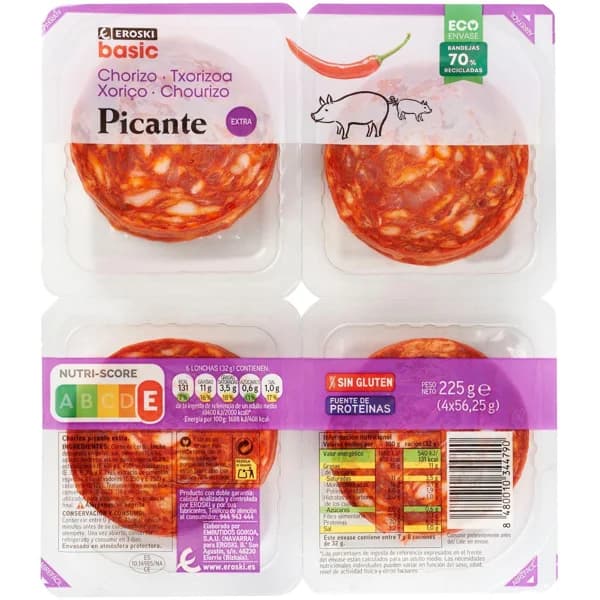 Chorizo extra picante EROSKI BASIC, pack 4x56,25 g - 0.23 kg - Imagen del producto en Findit