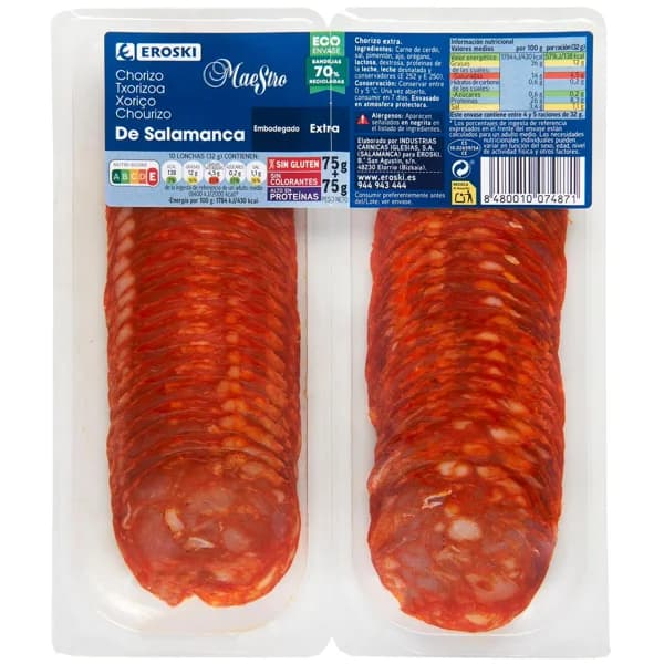 Chorizo de Salamanca extra EROSKI Maestro, pack 2x75 g - 0.15 kg - Imagen del producto en Findit