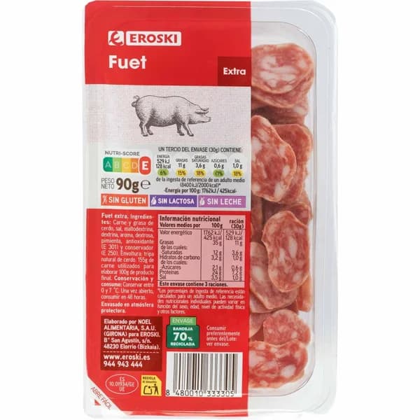 Fuet extra EROSKI, lonchas, bandeja 90 g - 0.09 kg - Imagen del producto en Findit
