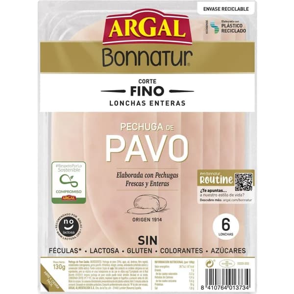 Pechuga de pavo lonchas finas ARGAL Bonnatur, sobre 130 g - 0.12 kg - Imagen del producto en Findit