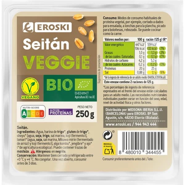 Seitán fresco EROSKI VEGGIE, paquete 250 g - 0.25 kg - Imagen del producto en Findit