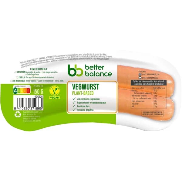 Salchicha vegwurst jumbo BETTER BALANCE, paquete 150 g - 1 ud - Imagen del producto en Findit