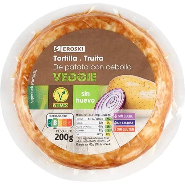 Tortilla sin huevo con cebolla EROSKI VEGGIE, 1 ud, 200 g - 0.2 kg - Imagen del producto en Findit