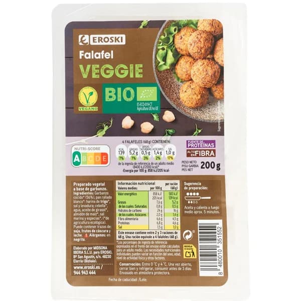 Falafel EROSKI VEGGIE, bandeja 200 g - 0.2 kg - Imagen del producto en Findit