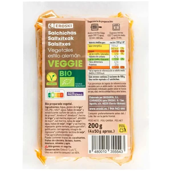 Salchicha veggie alemana EROSKI, sobre 200 g - 0.2 kg - Imagen del producto en Findit