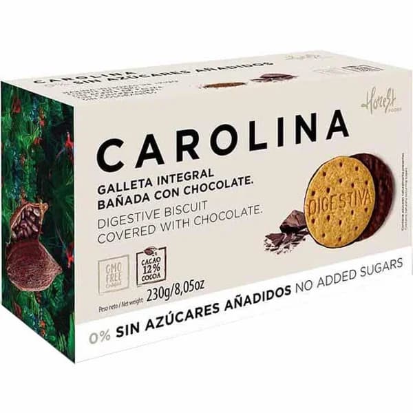 Galleta choco sin azúcar digestive integral CAROLINA, caja 230 g - 1 ud - Imagen del producto en Findit