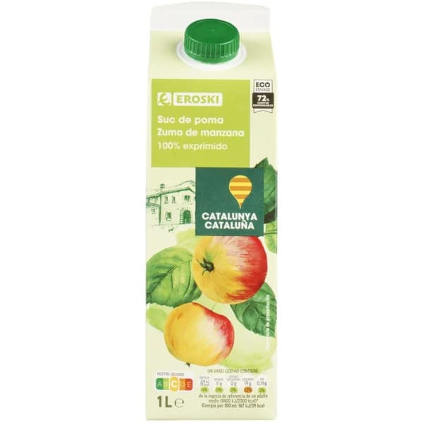 Zumo exprimido de manzana origen Cataluña EROSKI, 1 litro - 1 l - Imagen del producto en Findit