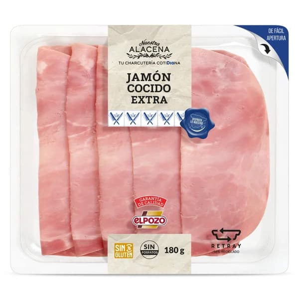 Jamón cocido extra 85% carne Nuestra Alacena de Dia sobre 180 g - 0.18 kg - Imagen del producto en Findit