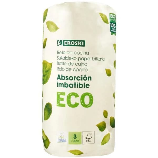 Papel de cocina eco 3 capas EROSKI, paquete  1 rollo - 1 ud - Imagen del producto en Findit