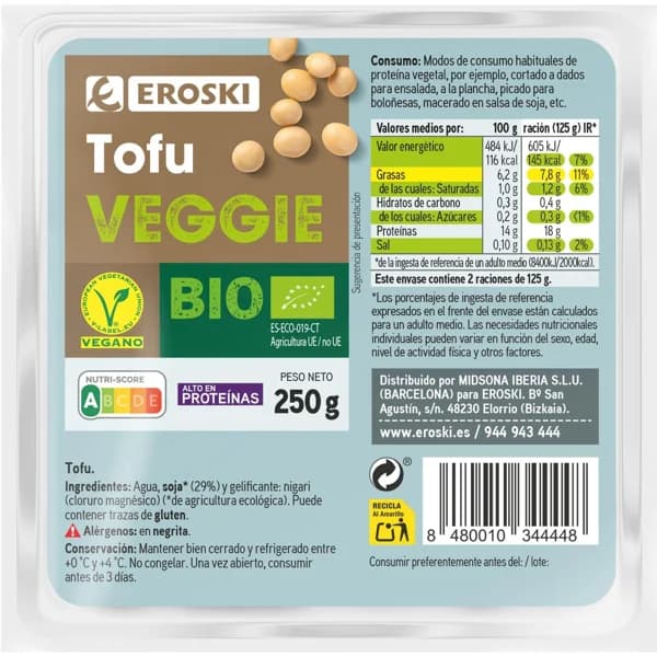 Tofú fresco EROSKI VEGGIE, paquete 250 g - 0.25 kg - Imagen del producto en Findit