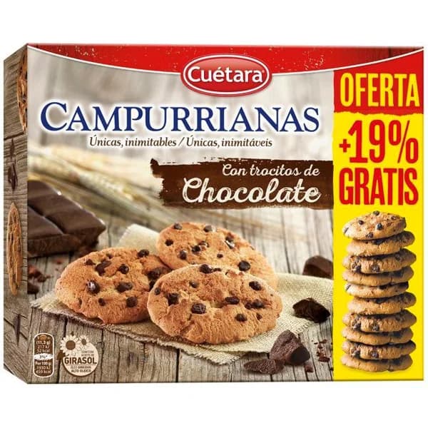 Galleta Campurriana c/ trozos de choco CUÉTARA, caja 350+15% g - 1 ud - Imagen del producto en Findit