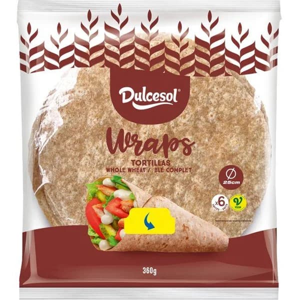 Tortillas de trigo integral DULCESOL, 6 uds, paquete 360 g - 0.36 kg - Imagen del producto en Findit