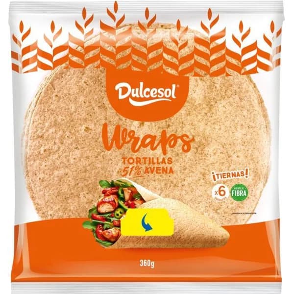 Wraps de avena DULCESOL, 6 uds, paquete 360 g - 0.36 kg - Imagen del producto en Findit