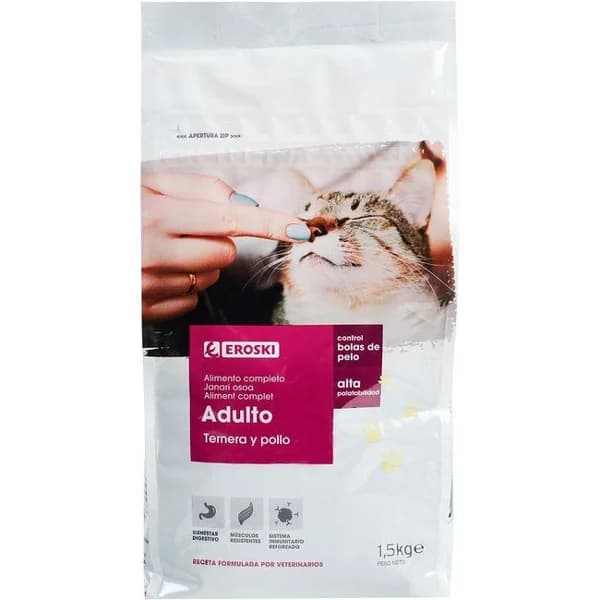 Alimento c/ ternera-pollo-verduras para gato EROSKI, saco 1,5 kg - 1 ud - Imagen del producto en Findit