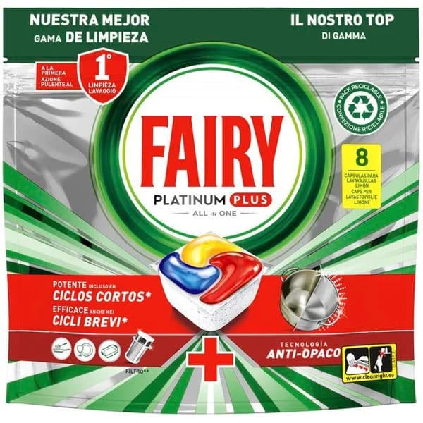 Lavavajillas máquina FAIRY PLATINUM PLUS, bolsa 8 dosis - 1 ud - Imagen del producto en Findit