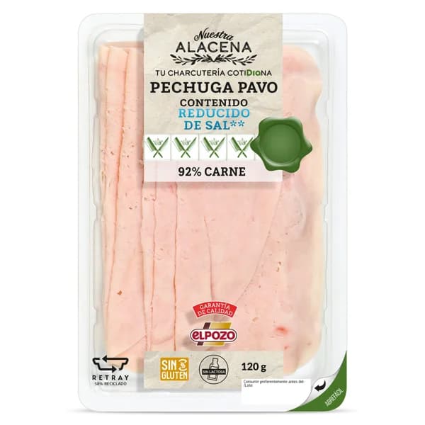 Pechuga de pavo 92% carne bajo en sal Nuestra Alacena de Dia sobre 120 g - 0.12 kg - Imagen del producto en Findit