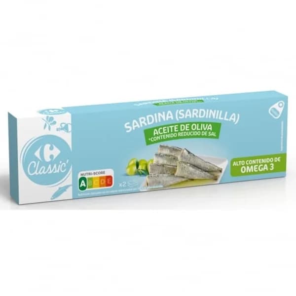Sardinillas en aceite de oliva contenido reducido de sal Classic Carrefour pack de 2 unidades de 65 g. - 0.13 kg - Imagen del producto en Findit