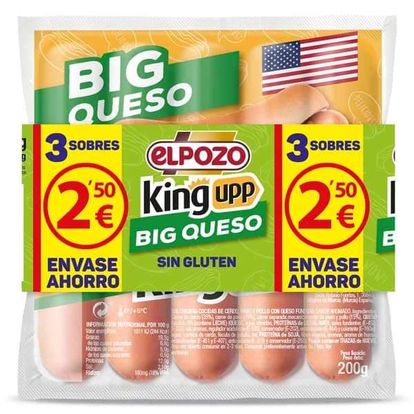 Salchichas big queso Elpozo King upp bolsa 3 x 200 g - 0.6 kg - Imagen del producto en Findit