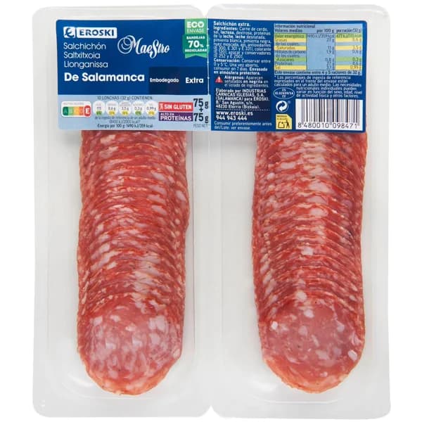 Salchichón de Salamanca extra EROSKI Maestro, pack 2x75 g - 1 ud - Imagen del producto en Findit