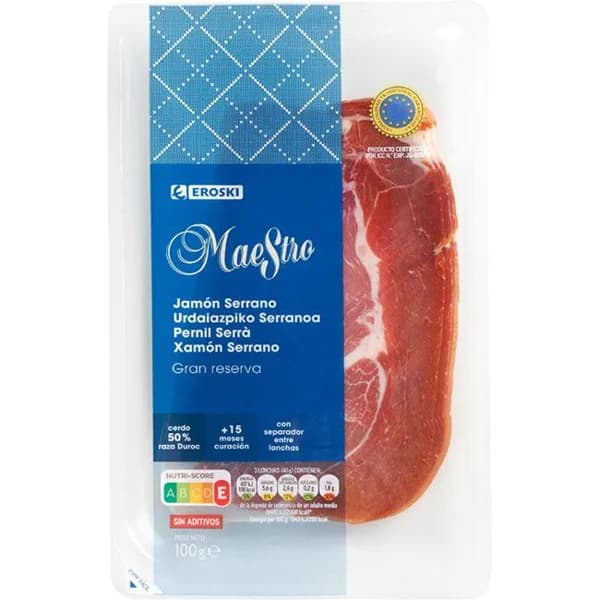Jamón serrano gran reserva EROSKI MAESTRO, sobre 100 g - 1 ud - Imagen del producto en Findit