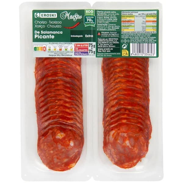 Chorizo de Salamanca extra picante EROSKI Maestro, pack 2x75 g - 1 ud - Imagen del producto en Findit