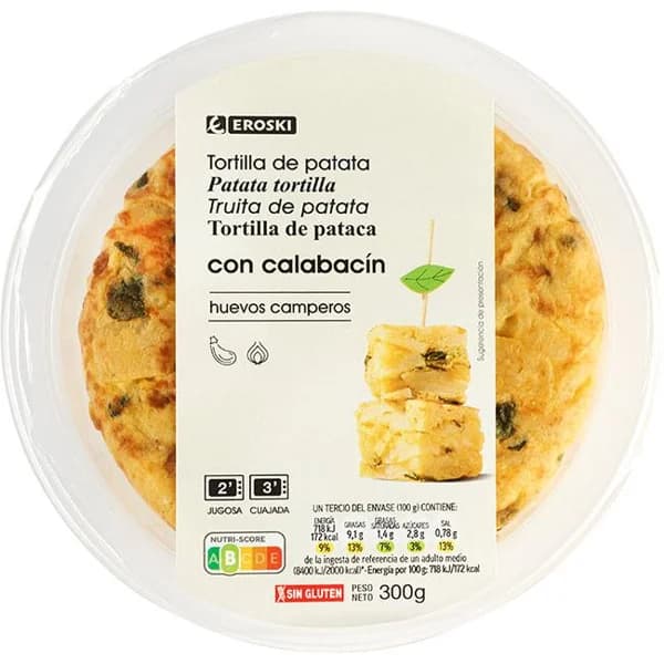 Tortilla de patata-calabacín-huevo campero EROSKI, 1 ud, 300 g - 1 ud - Imagen del producto en Findit