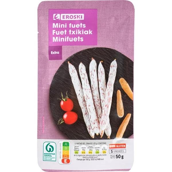 Mini fuets extra EROSKI, bolsa 50 g - 1 ud - Imagen del producto en Findit