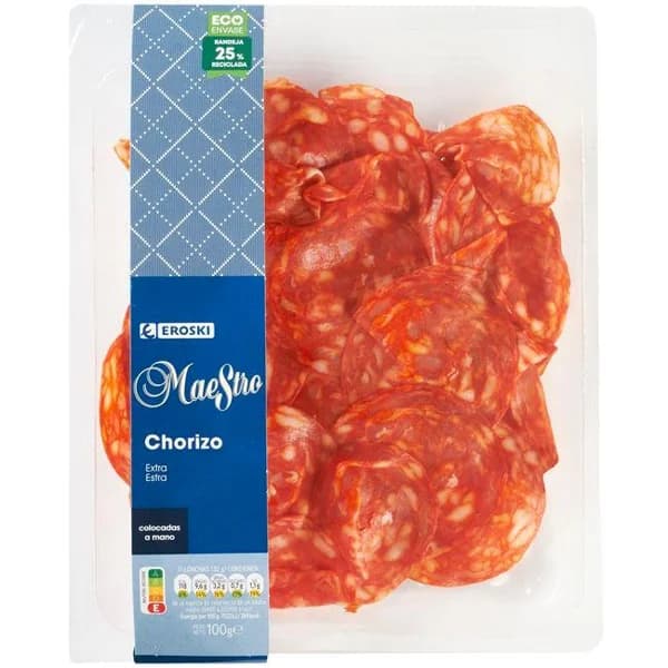 Chorizo extra colocado a mano EROSKI MAESTRO, bandeja 100 g - 1 ud - Imagen del producto en Findit