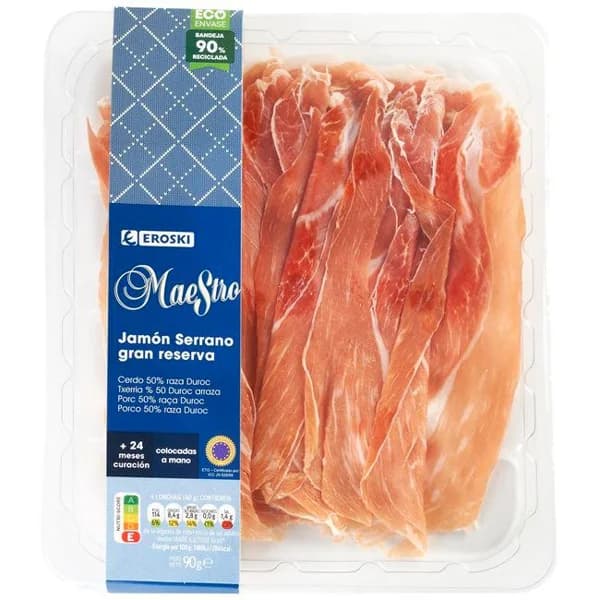 Jamón serrano Duroc colocado a mano EROSKI MAESTRO, bandeja 90 g - 1 ud - Imagen del producto en Findit