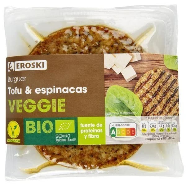 Burguer de tofú y espinacas EROSKI VEGGIE, pack 2x80 g - 1 ud - Imagen del producto en Findit