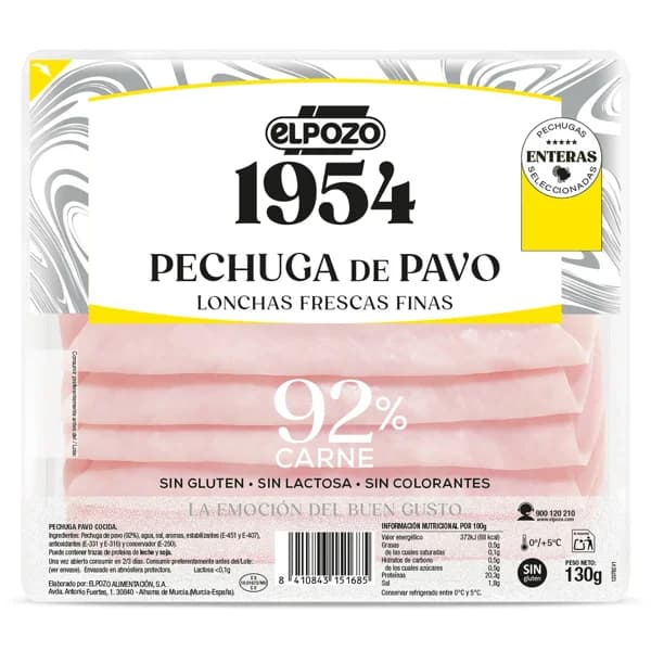 Pechuga de pavo 92% carne Elpozo 1954 sobre 130 g - 0.12 kg - Imagen del producto en Findit