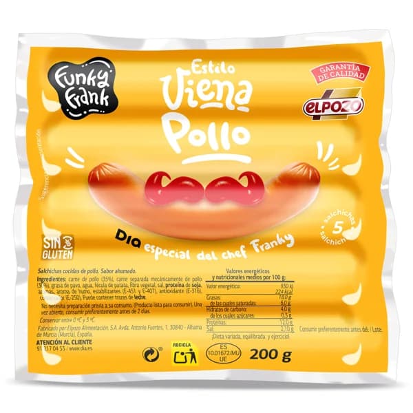 Salchichas viena de pollo Funky Frank de Dia bolsa 200 g - 0.2 kg - Imagen del producto en Findit
