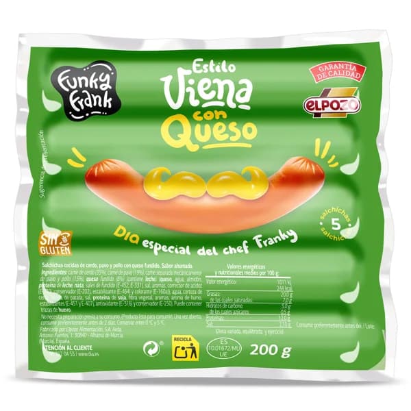 Salchichas viena con queso Funky Frank de Dia bolsa 200 g - 0.2 kg - Imagen del producto en Findit