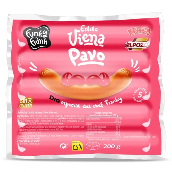 Salchichas viena de pavo Funky Frank de Dia bolsa 200 g - 0.2 kg - Imagen del producto en Findit