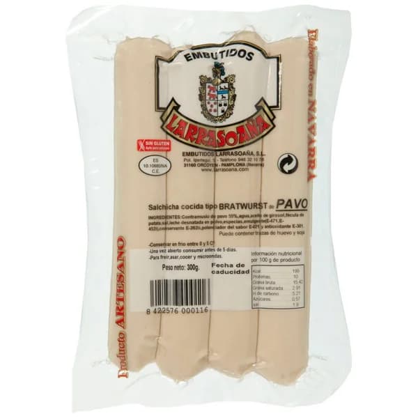 Salchichas Bratwurst de pavo LARRASOAÑA, sobre 300 g - 1 ud - Imagen del producto en Findit