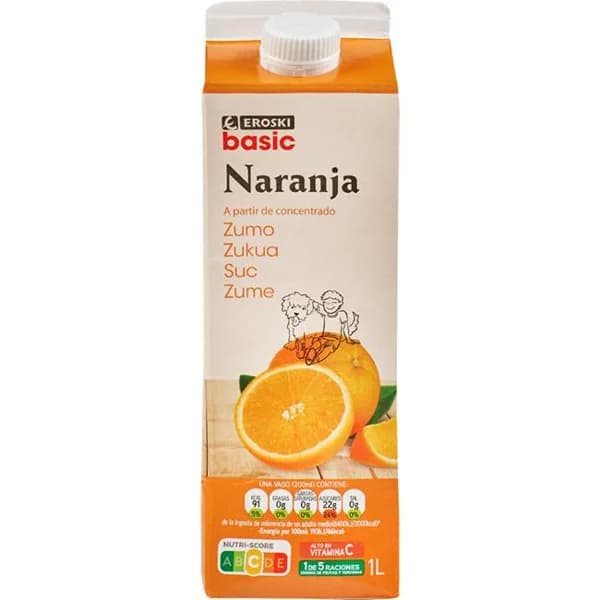Zumo de naranja concentrado EROSKI basic, brik 1 litro - 1 ud - Imagen del producto en Findit