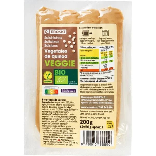 Salchicha veggie de quinoa y tofu EROSKI, sobre 200 g - 1 ud - Imagen del producto en Findit