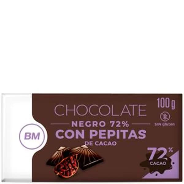 Chocolate negro 72% con pepitas de cacao 100 g - 0.1 ud - Imagen del producto en Findit