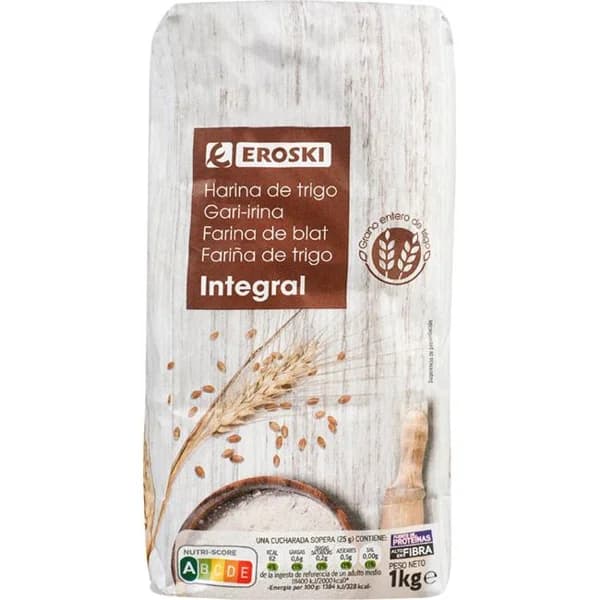 Harina de trigo integral EROSKI, paquete 1 kg - 1 kg - Imagen del producto en Findit