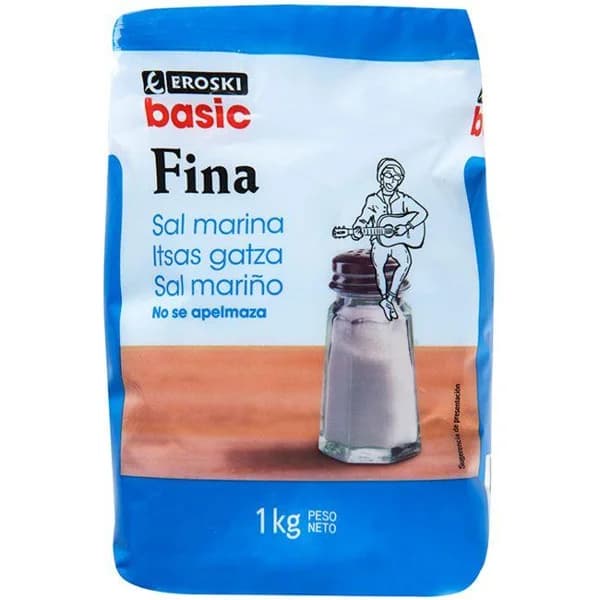 Sal marina fina EROSKI BASIC, paquete 1 kg - 1 kg - Imagen del producto en Findit
