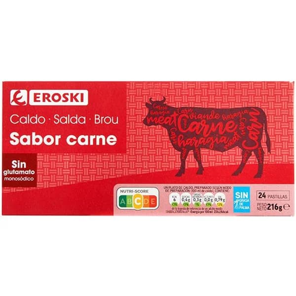 Caldo de carne EROSKI,  24 pastillas, caja 216 g - 0.22 kg - Imagen del producto en Findit