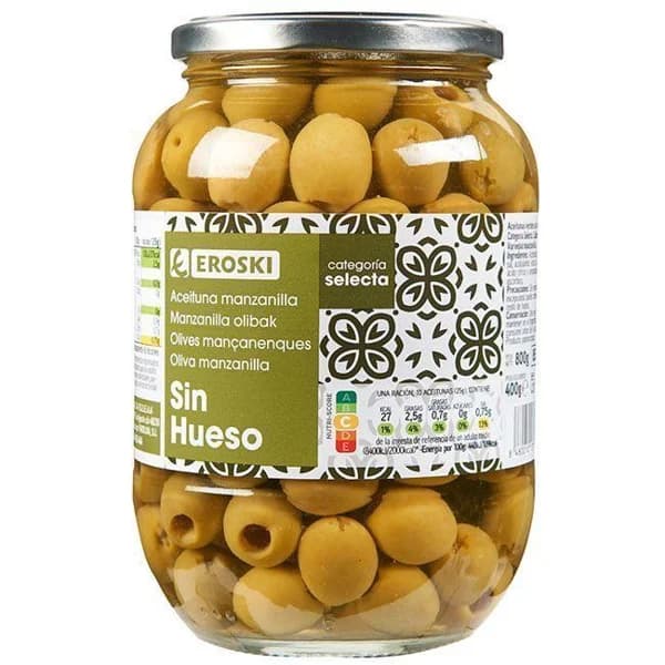 Aceitunas verdes sin hueso EROSKI, frasco 400 g - 0.4 kg - Imagen del producto en Findit