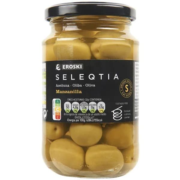 Aceitunas manzanilla EROSKI SELEQTIA, frasco 200 g - 0.2 kg - Imagen del producto en Findit