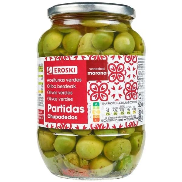 Aceitunas chupadedos EROSKI, frasco 500 g - 0.5 kg - Imagen del producto en Findit