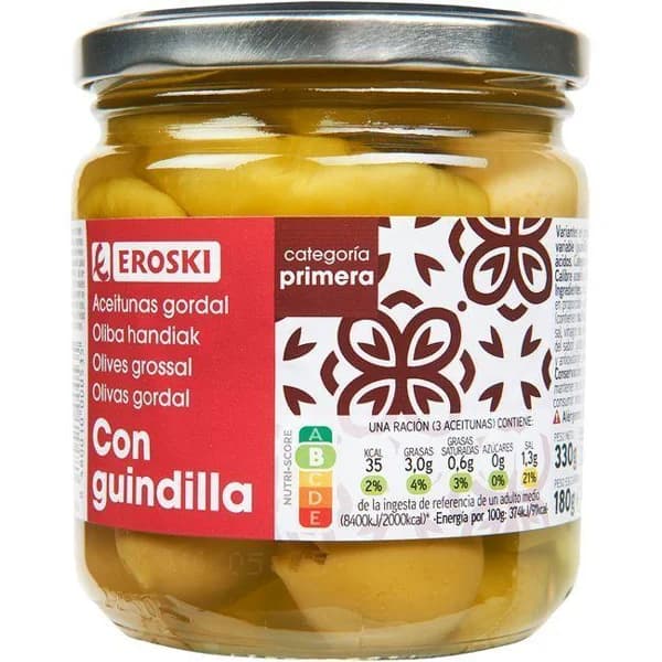 Aceitunas gordal con guindilla EROSKI, frasco 180 g - 0.18 kg - Imagen del producto en Findit