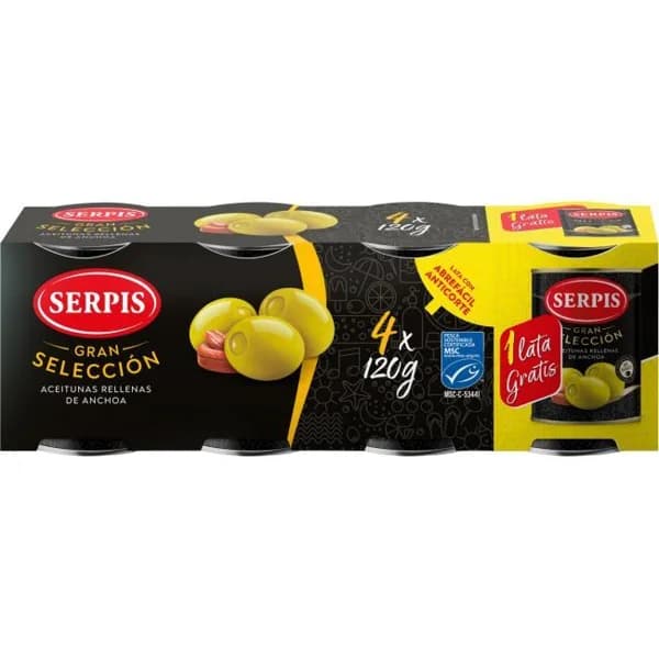 Aceitunas rellenas SERPIS GRAN SELECCIÓN, pack 3+1x50 g - 0.05 kg - Imagen del producto en Findit